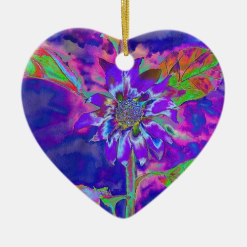 Abstract blue purple sunflower  retro funky  ceramic ornament