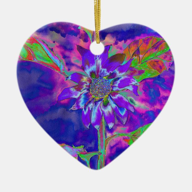 Abstract blue purple sunflower | retro funky  ceramic ornament (Front)