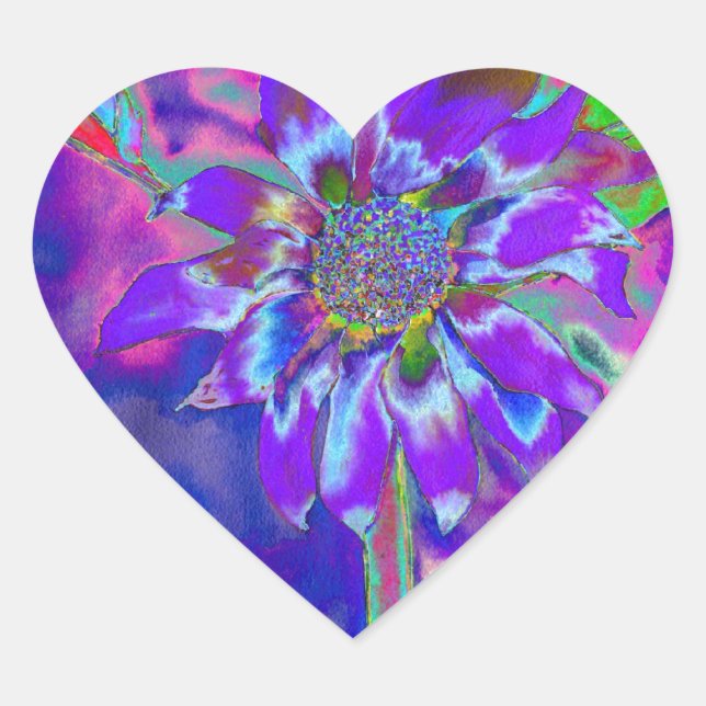 Abstract blue purple sunflower | retro funky  heart sticker (Front)
