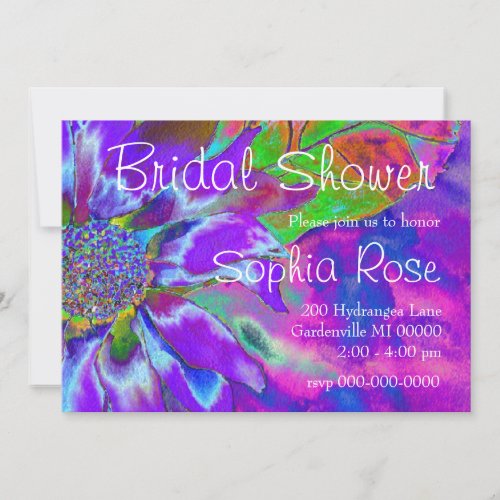 Abstract blue purple sunflower  retro funky  invitation