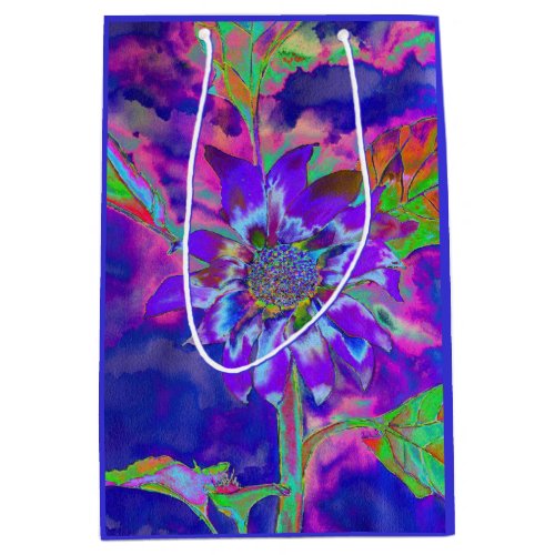 Abstract blue purple sunflower  retro funky  medium gift bag