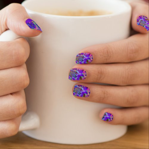 Abstract blue purple sunflower  retro funky  minx nail art