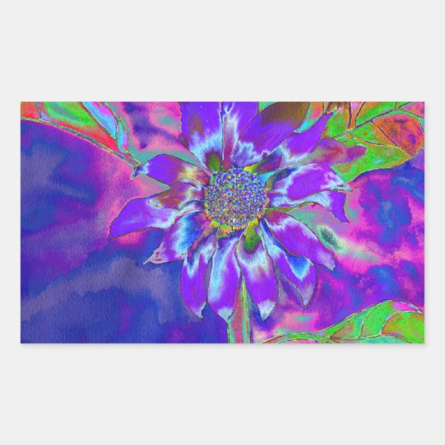 Abstract blue purple sunflower | retro funky  rectangular sticker (Front)