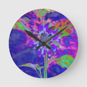 Abstract blue purple sunflower   retro funky  round clock