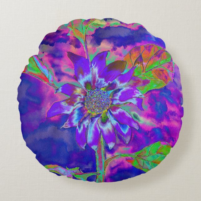 Abstract blue purple sunflower | retro funky  round pillow (Front)