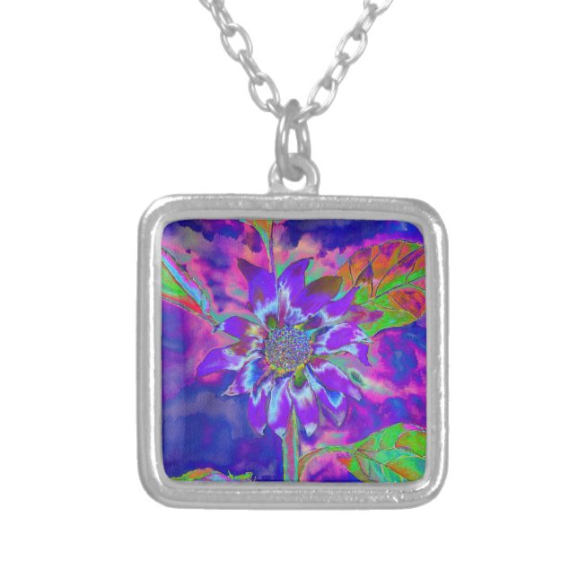 Abstract blue purple sunflower | retro funky  silver plated necklace (Front)