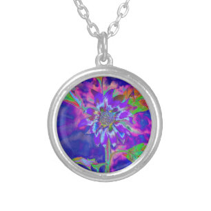 Abstract blue purple sunflower retro funky silver plated necklace