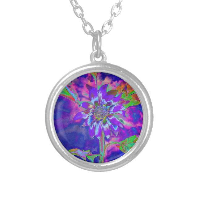 Abstract blue purple sunflower | retro funky  silver plated necklace (Front)