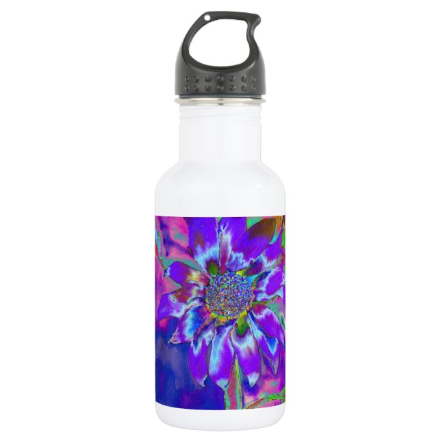 Abstract blue purple sunflower | retro funky  stainless steel water bottle (Front)