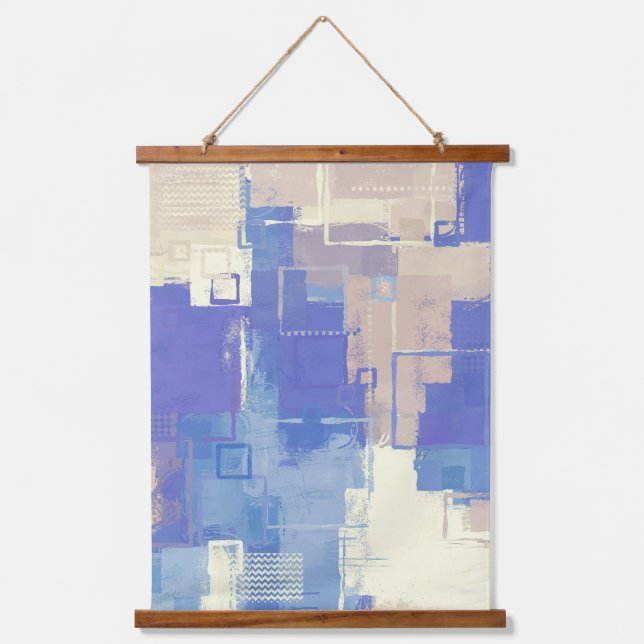 Abstract Blue Purple Taupe Ivory Mixed Media Hanging Tapestry (Front)
