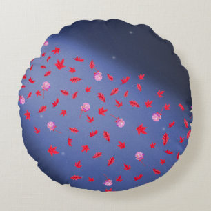 Abstract blue red moonlight autumn leaves roses  round pillow