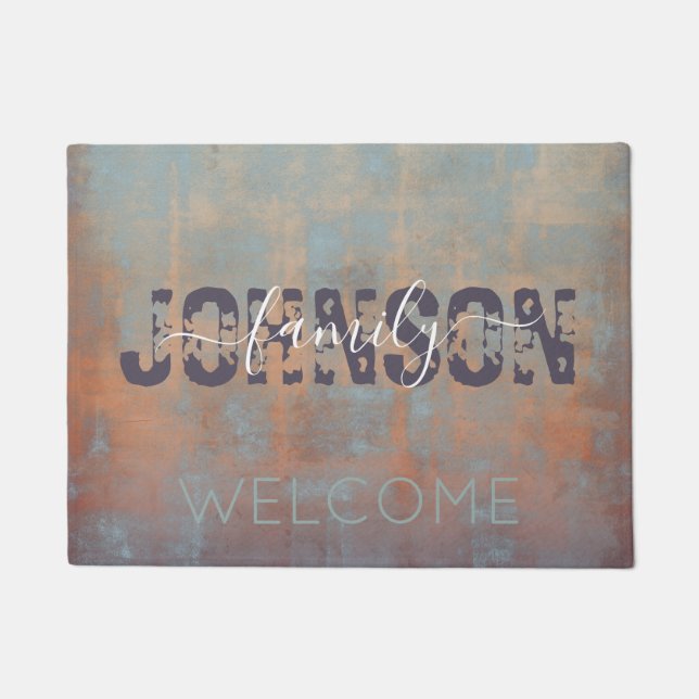 Abstract Blue Rust Purple rustic Family monogram Doormat (Front)