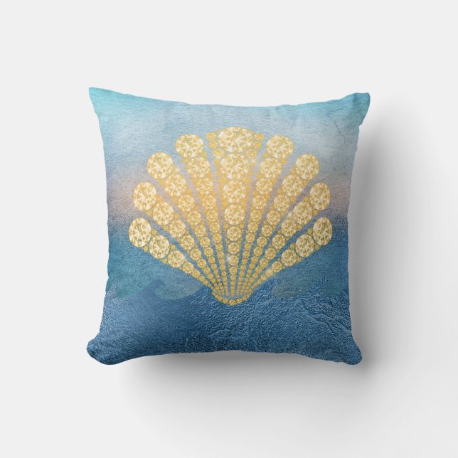 Abstract Blue Sea Gold Diamond Seashell Throw Pillow (Front)