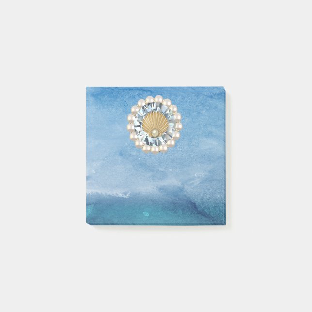 Abstract Blue Sea Golden Pearl Seashell Jewel Post-it Notes (Front)
