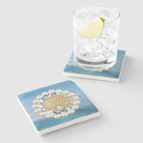 Abstract Blue Sea Golden Pearl Seashell Jewel Stone Coaster