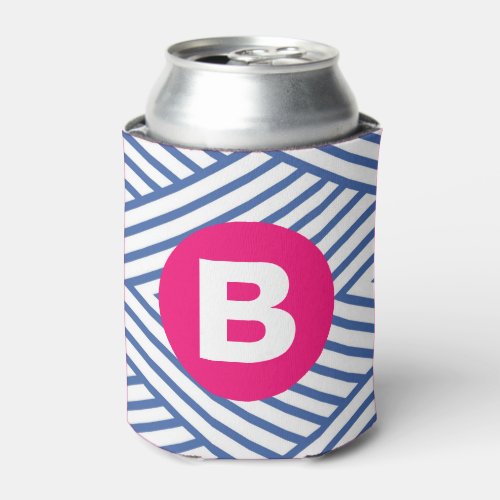 Abstract Blue Stripey Pattern Pink Monogram Can Cooler
