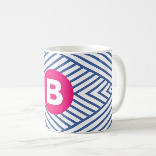 Abstract Blue Stripey Pattern Pink Monogram Coffee Mug