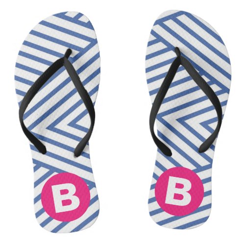 Abstract Blue Stripey Pattern Pink Monogram Flip Flops