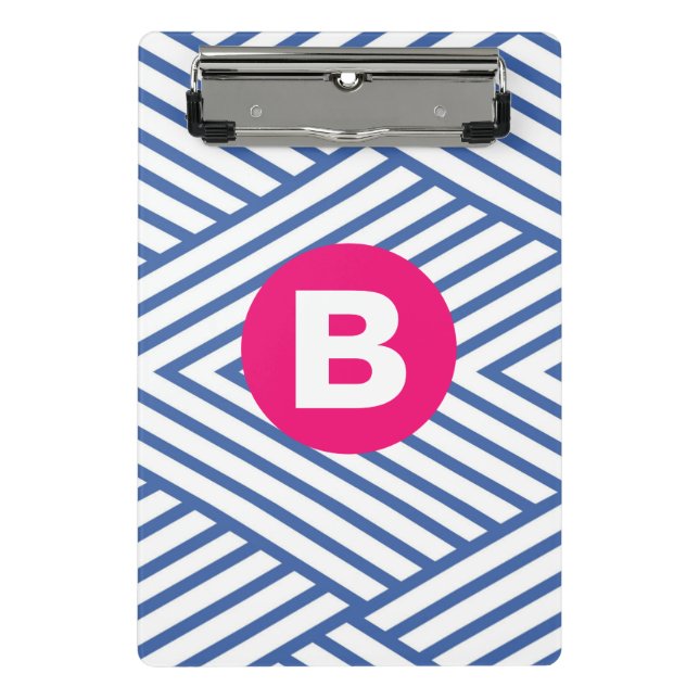 Abstract Blue Stripey Pattern Pink Monogram Mini Clipboard (Front)