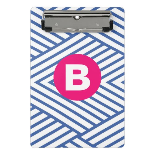 Abstract Blue Stripey Pattern Pink Monogram Mini Clipboard