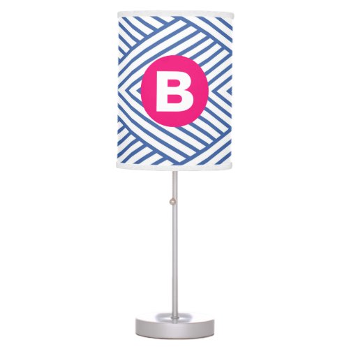 Abstract Blue Stripey Pattern Pink Monogram Table Lamp