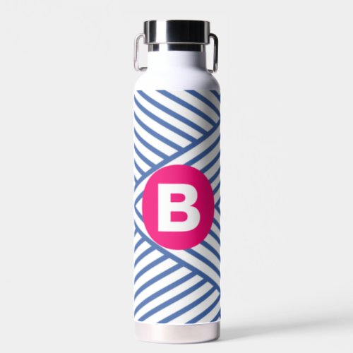 Abstract Blue Stripey Pattern Pink Monogram Water Bottle