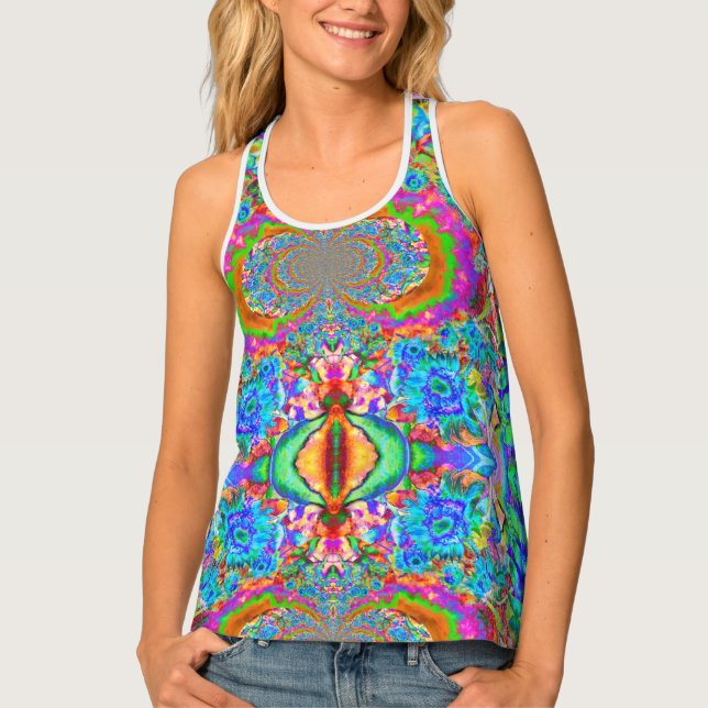 Abstract blue sunflower field | retro flowers tank top (Front)