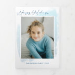 Abstract Blue Swash, Modern Typography & Photo Tri-Fold Holiday Card<br><div class="desc">Abstract minimalist pastel blue watercolor style swash background with custom modern "Happy Holidays" typography,  text field and photo template. Panels feature complementary blue watercolor texture background with additional photo templates and editable text fields.</div>