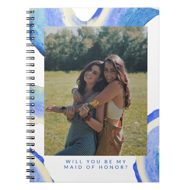 Abstract Blue Swirl Photo Maid of Honor Proposal Notebook (Front)