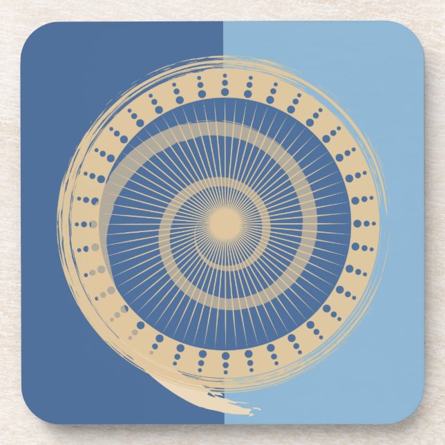 Abstract Blue & Tan Spiral Sun Circle Design Beverage Coaster (Front)