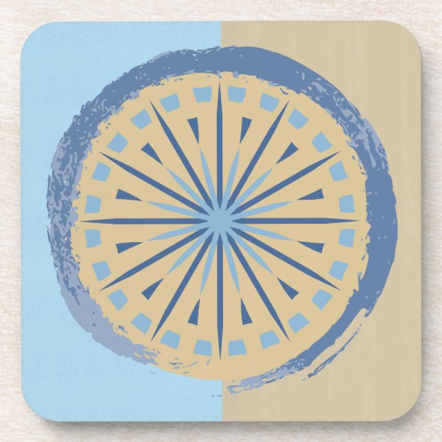 Abstract Blue & Tan Starburst Circle Design Beverage Coaster (Front)