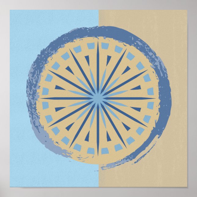 Abstract Blue & Tan Starburst Circle Design Print (Front)