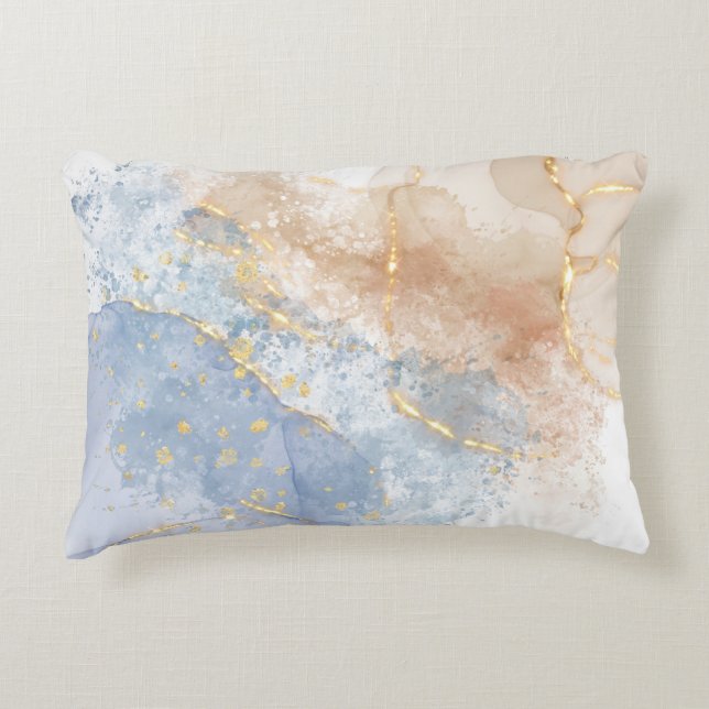 Abstract Blue, Taupe and Gold Accent Pillow (Front)