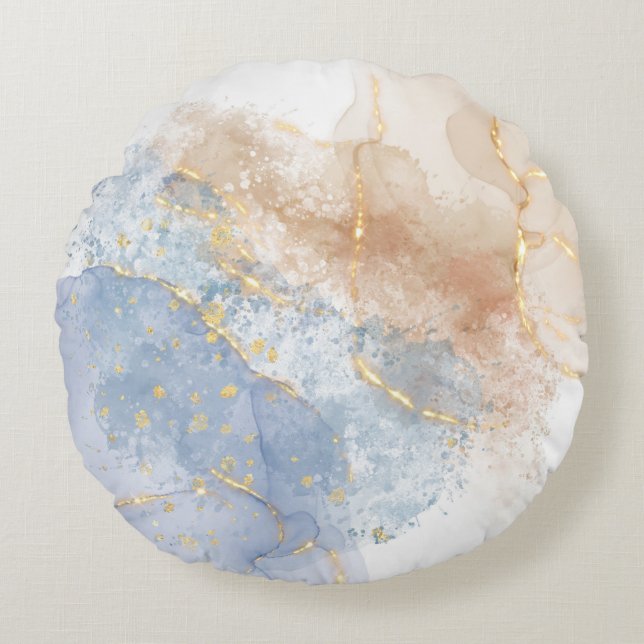 Abstract Blue, Taupe and Gold Round Pillow (Front)