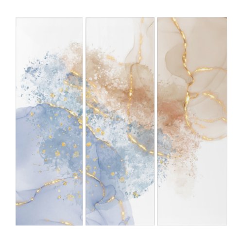 Abstract Blue Taupe and Gold Triptych