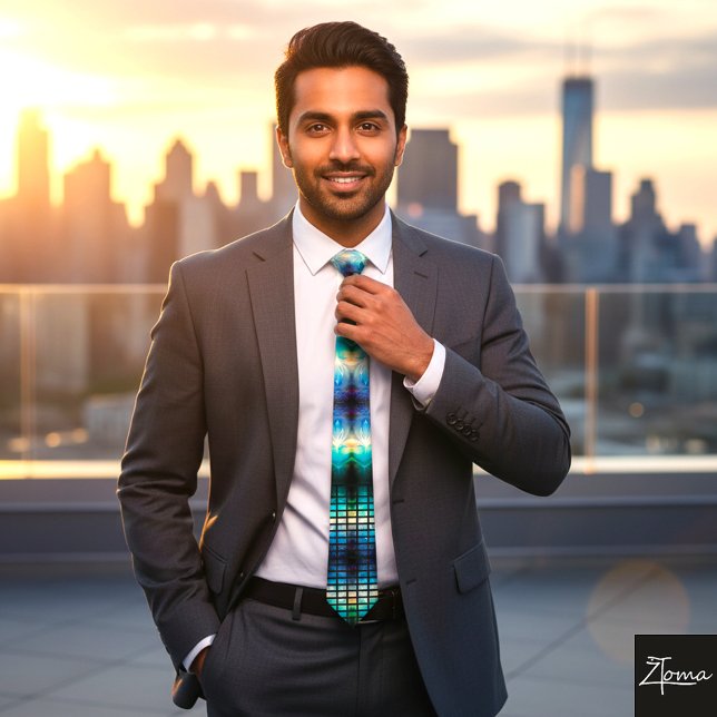 Abstract Blue Teal Digital Light Pattern Neck Tie (Creator Uploaded)