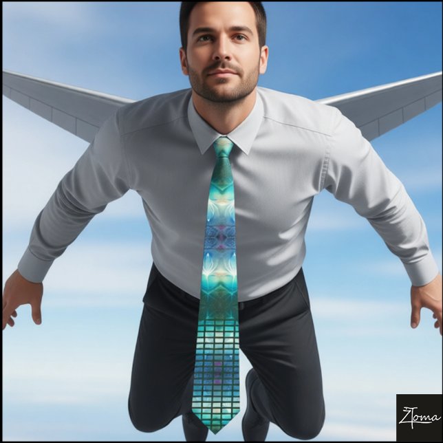 Abstract Blue Teal Digital Light Pattern Neck Tie (Creator Uploaded)