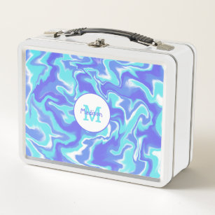Abstract Blue Teal Marbled Swirls Girls School Metal Lunch Box