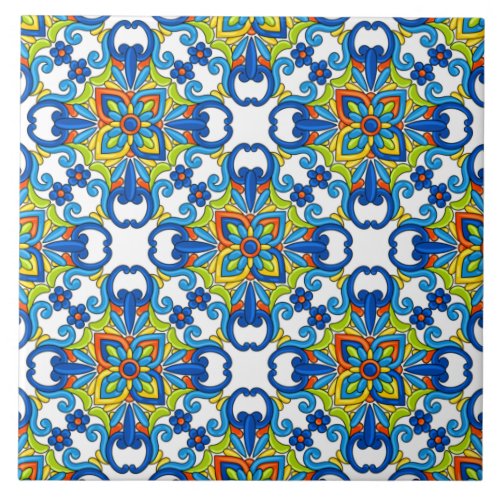 Abstract Blue Tiled Mexican Talavera Pattern Ceramic Tile