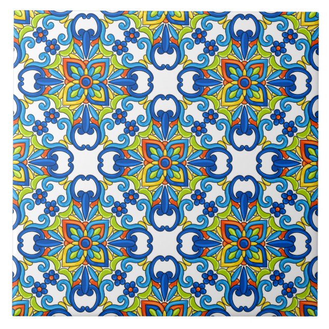 Abstract Blue Tiled Mexican Talavera Pattern Ceramic Tile (Front)