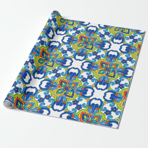 Abstract Blue Tiled Mexican Talavera Pattern Wrapping Paper