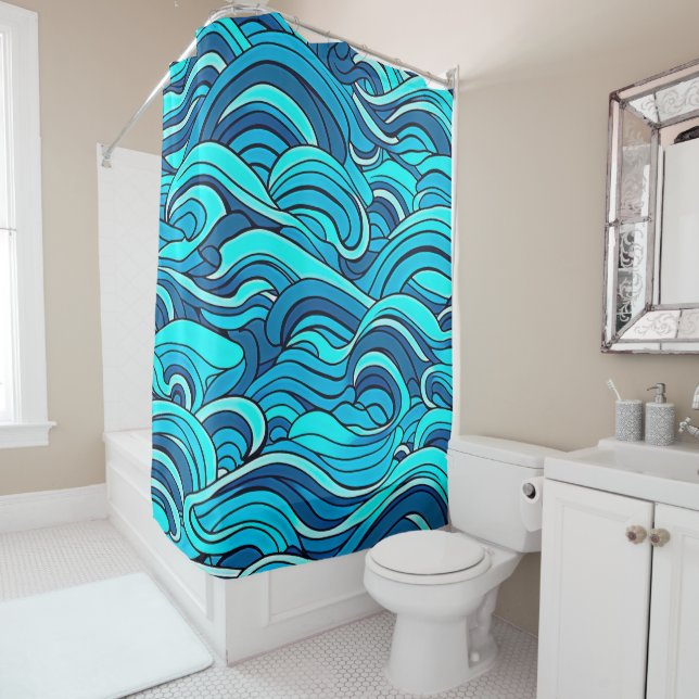 Abstract Blue Turquoise Ocean Water Waves | Shower Curtain (In Situ)