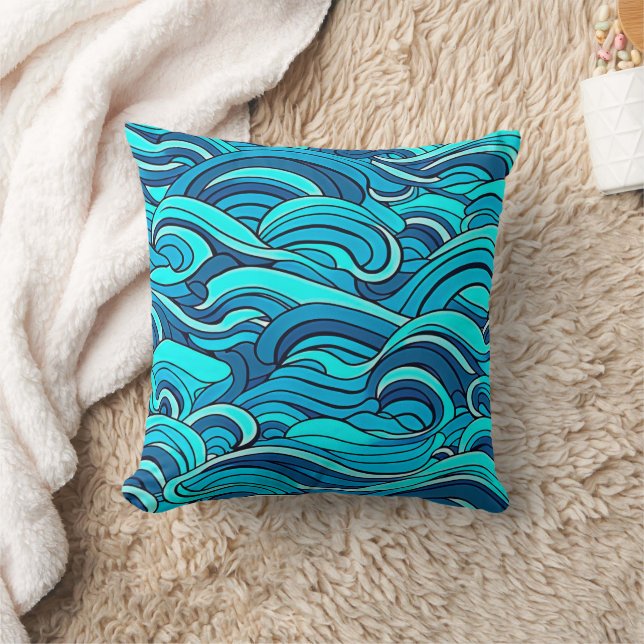 Abstract Blue Turquoise Ocean Water Waves | Throw Pillow (Blanket)