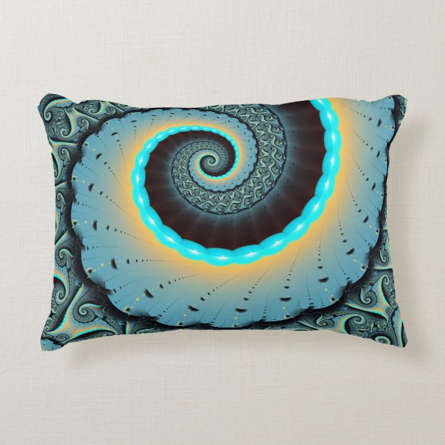 Abstract Blue Turquoise Orange Fractal Art Spiral Accent Pillow (Front)