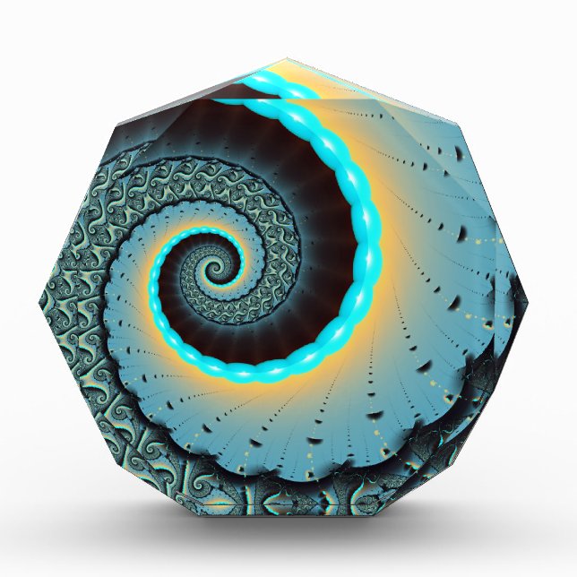 Abstract Blue Turquoise Orange Fractal Art Spiral Acrylic Award (Front)