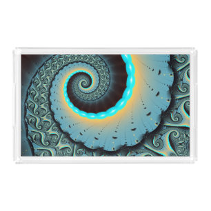Abstract Blue Turquoise Orange Fractal Art Spiral Acrylic Tray