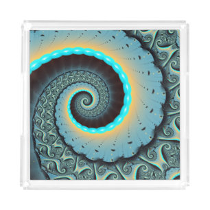 Abstract Blue Turquoise Orange Fractal Art Spiral Acrylic Tray