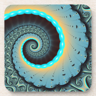Abstract Blue Turquoise Orange Fractal Art Spiral Beverage Coaster