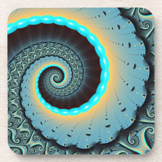 Abstract Blue Turquoise Orange Fractal Art Spiral Beverage Coaster (Front)