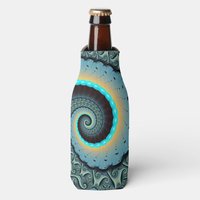 Abstract Blue Turquoise Orange Fractal Art Spiral Bottle Cooler (Bottle Front)